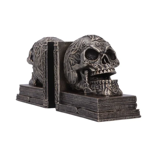 Skull Bookends Resin Bronze Finish - Celtic Carved Antique Style Artistic skull bookends with Celtic carvings on antique book bases, metallic bronze finish. The-Hidden-Hatch