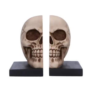 Skull Bookend Pair Resin Off-White - Split Gothic Design Split human skull bookend pair on dark bases, realistic bone detail and gothic design The-Hidden-Hatch