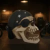Biker Skull Resin Statue Black Bandanna - Goggles and Stars A detailed biker skull with goggles and star bandanna in a dim motorcycle garage.