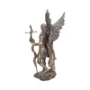 Angel Warrior Statue Bronze Figurine - Sword and Flowing Wings Bronze angel statue holding a sword with flowing cloak and detailed wings on a stone base.