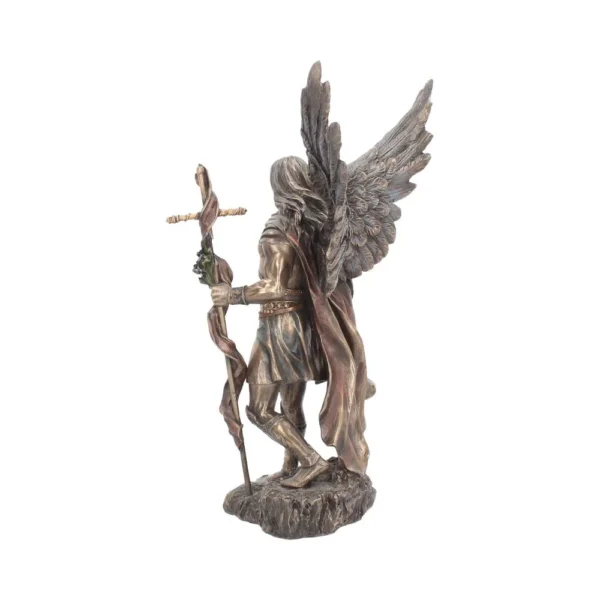 Angel Warrior Statue Bronze Figurine - Sword and Flowing Wings Bronze angel statue holding a sword with flowing cloak and detailed wings on a stone base.