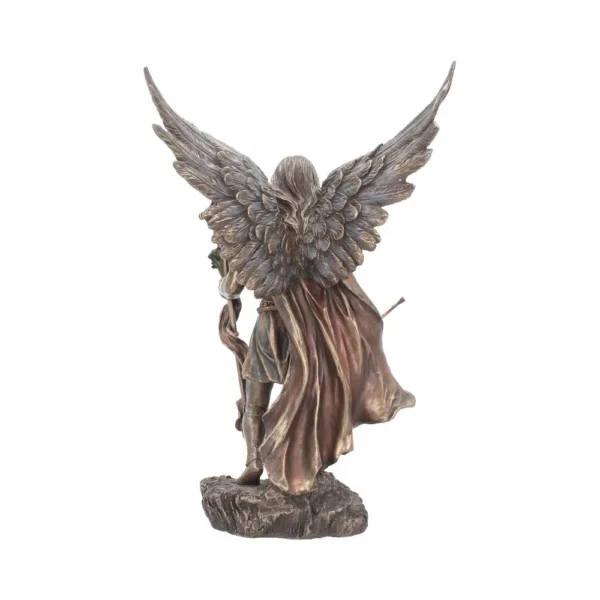 Angel Warrior Statue Bronze Finish With Detailed Wings Bronze angel warrior statue with detailed wings, armor, and flowing cape on rocky base.
