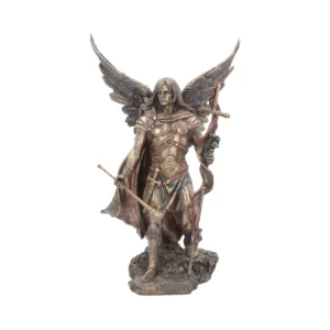 Archangel Gabriel Bronze Statue - Winged Warrior With Trumpet Bronze statue of Archangel Gabriel with wings, armor, trumpet, and staff on a rocky base.