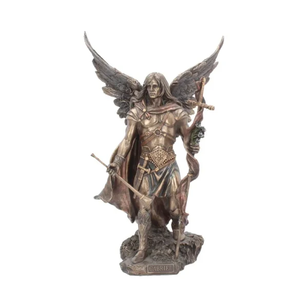 Archangel Gabriel Bronze Statue - Winged Warrior With Trumpet Bronze statue of Archangel Gabriel with wings, armor, trumpet, and staff on a rocky base.