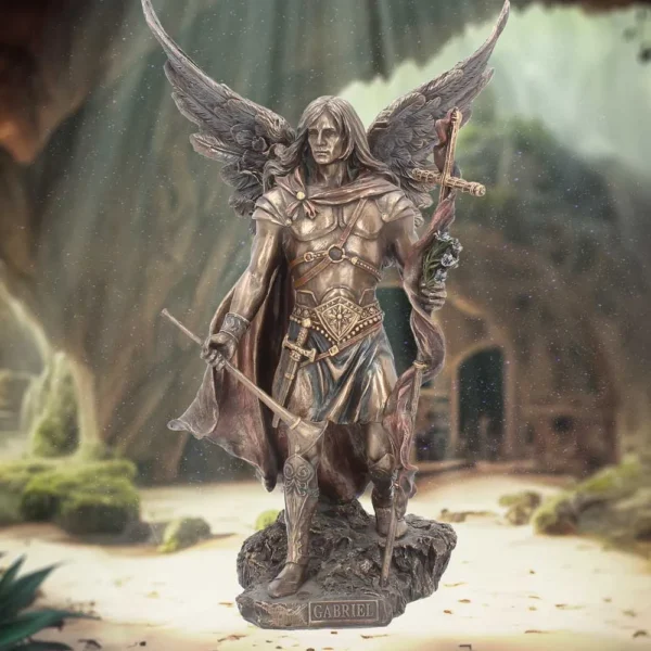 Archangel Gabriel Bronze Statue - Winged Angel With Staff Bronze statue of Archangel Gabriel with wings, armor, staff, and banner standing on a rocky base.